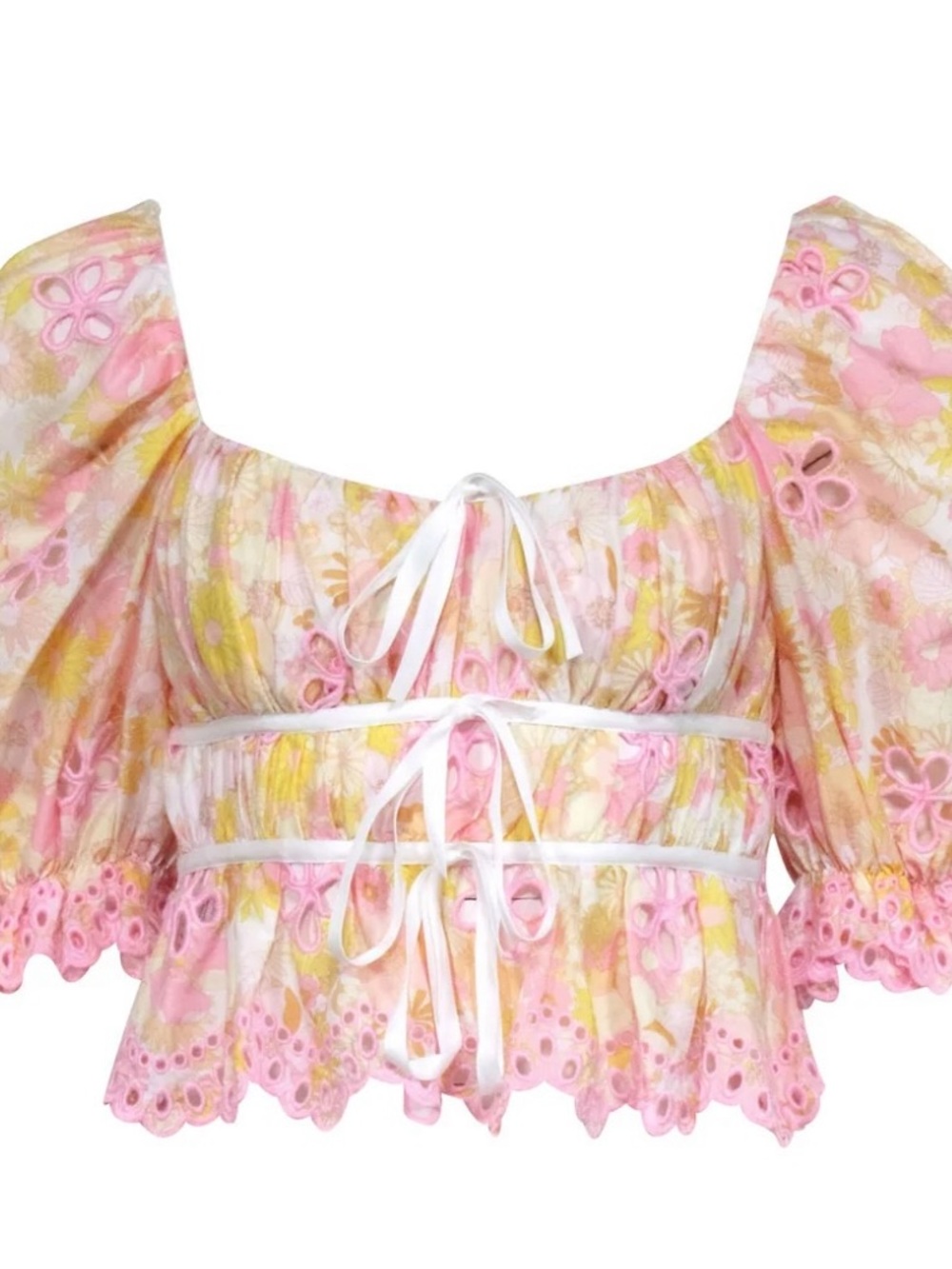 For Love And Lemons Pink and Yellow Floral Eyelet Crop Top